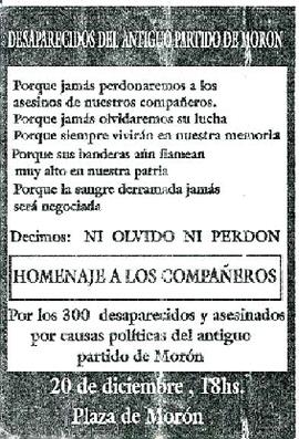 Folleto de promoción de homenaje a los desaparecidos de Morón