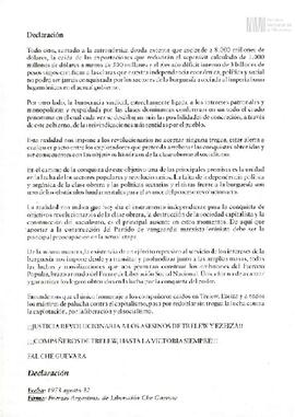 Tarjeta con reproducción de declaración de las Fuerzas Argentinas de Libreación "Che Guevara...